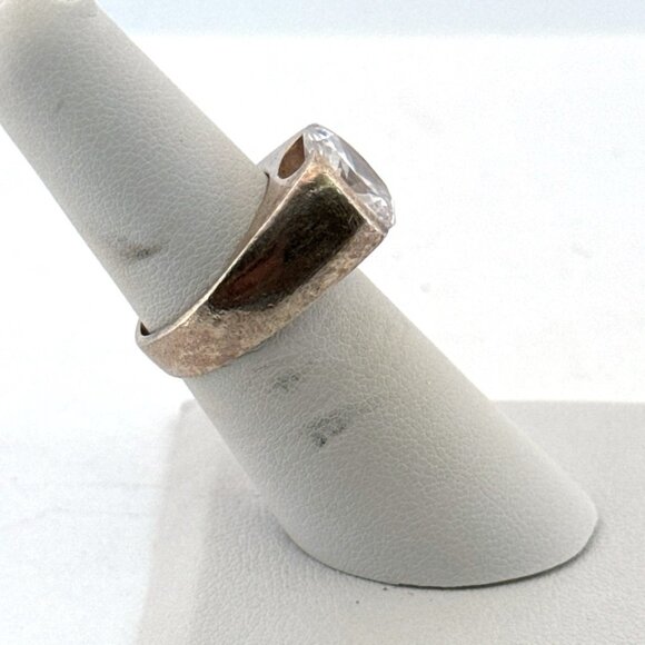 Vintage Estate Sterling Silver 925 CZ Solitaire Ring Size 6, 10g Bold Design - Picture 2 of 8